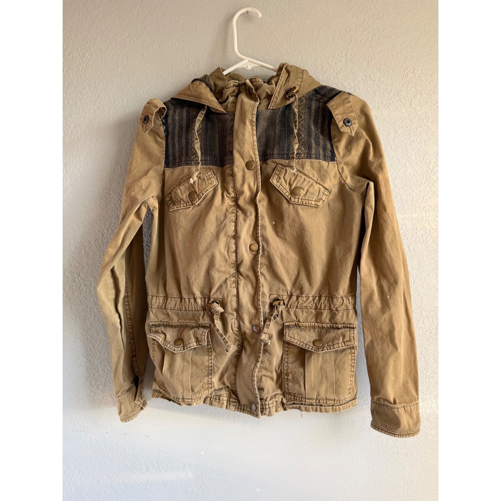 CoffeeShop Womens Greenish Khaki Utility Jacket Hooded Tribal Pattern  Coat S